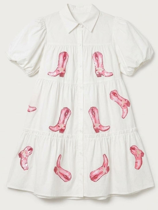 Peach Love California Dresses & Skirts - Peach Love California White Button Tiered Dress with Pink Sequin Boot Motif